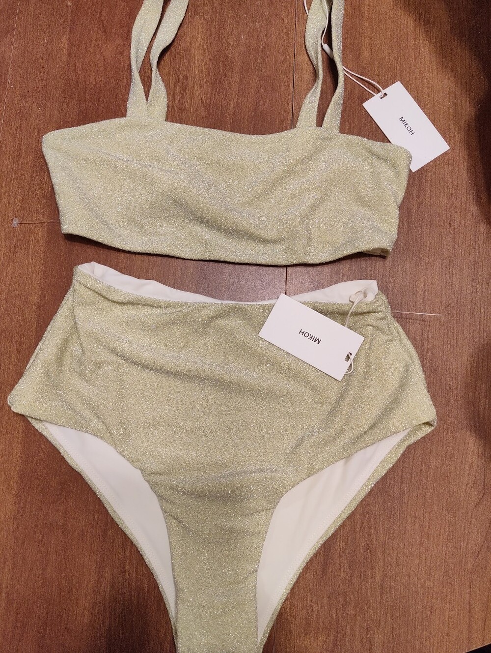 Mikoh bikini set, top M and bottom L, sparkly gold, brand new.